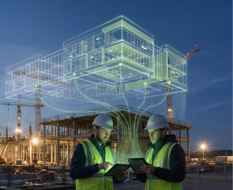 Konzeptdarstellung: Ein digitales Gebäudemodell verbindet sich mit Ingenieuren mit Tablets auf der Baustelle